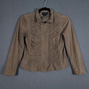 St. John Jacket Womens Size 10 Brown Ruched Goat‎ Suede Leather Full Zip
